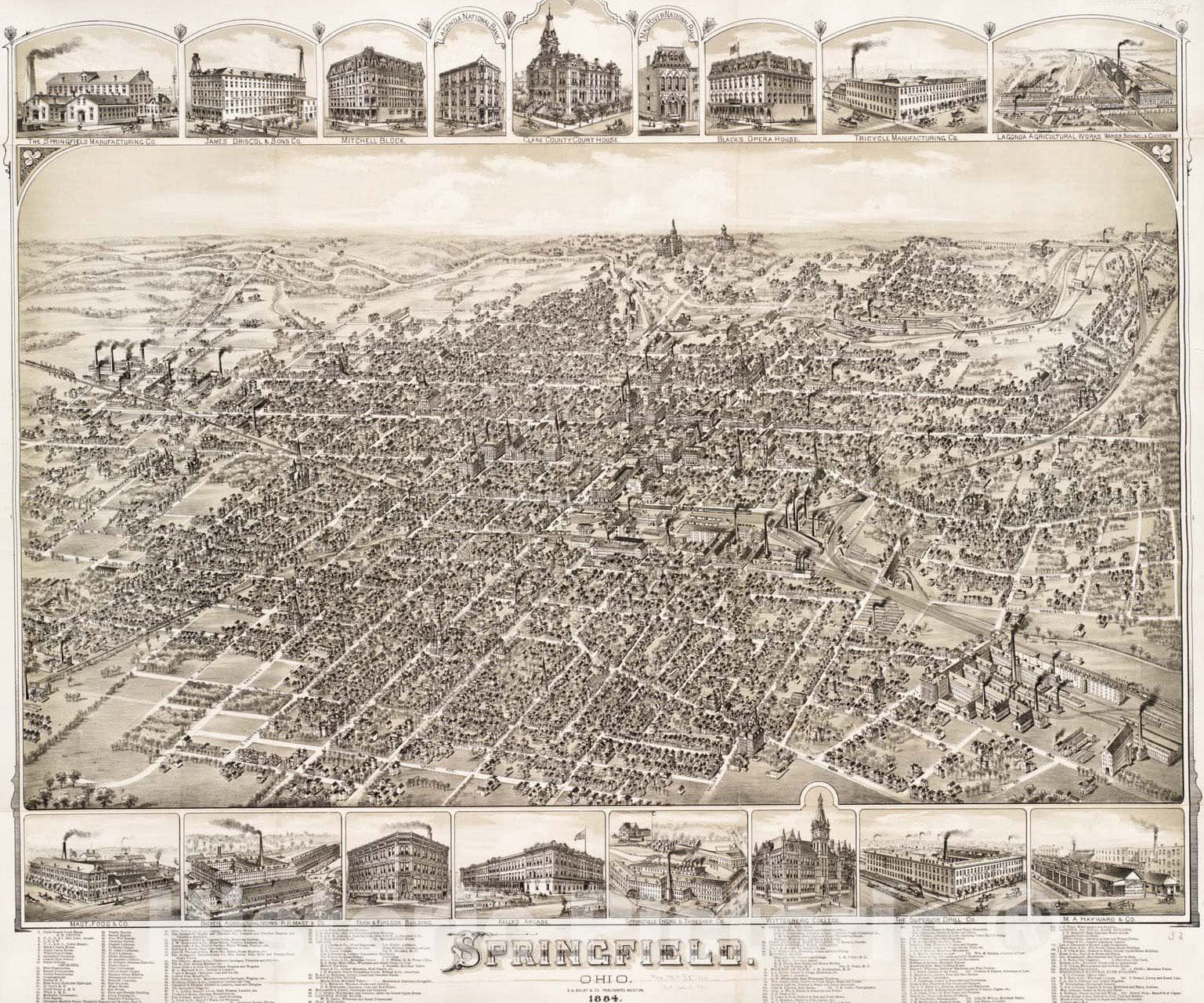 Historical Map, 1884 Springfield, Ohio, Vintage Wall Art