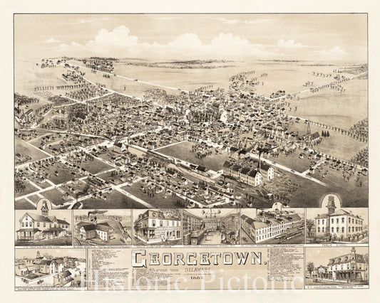 Historical Map, Georgetown, Delaware : 1885, Vintage Wall Art