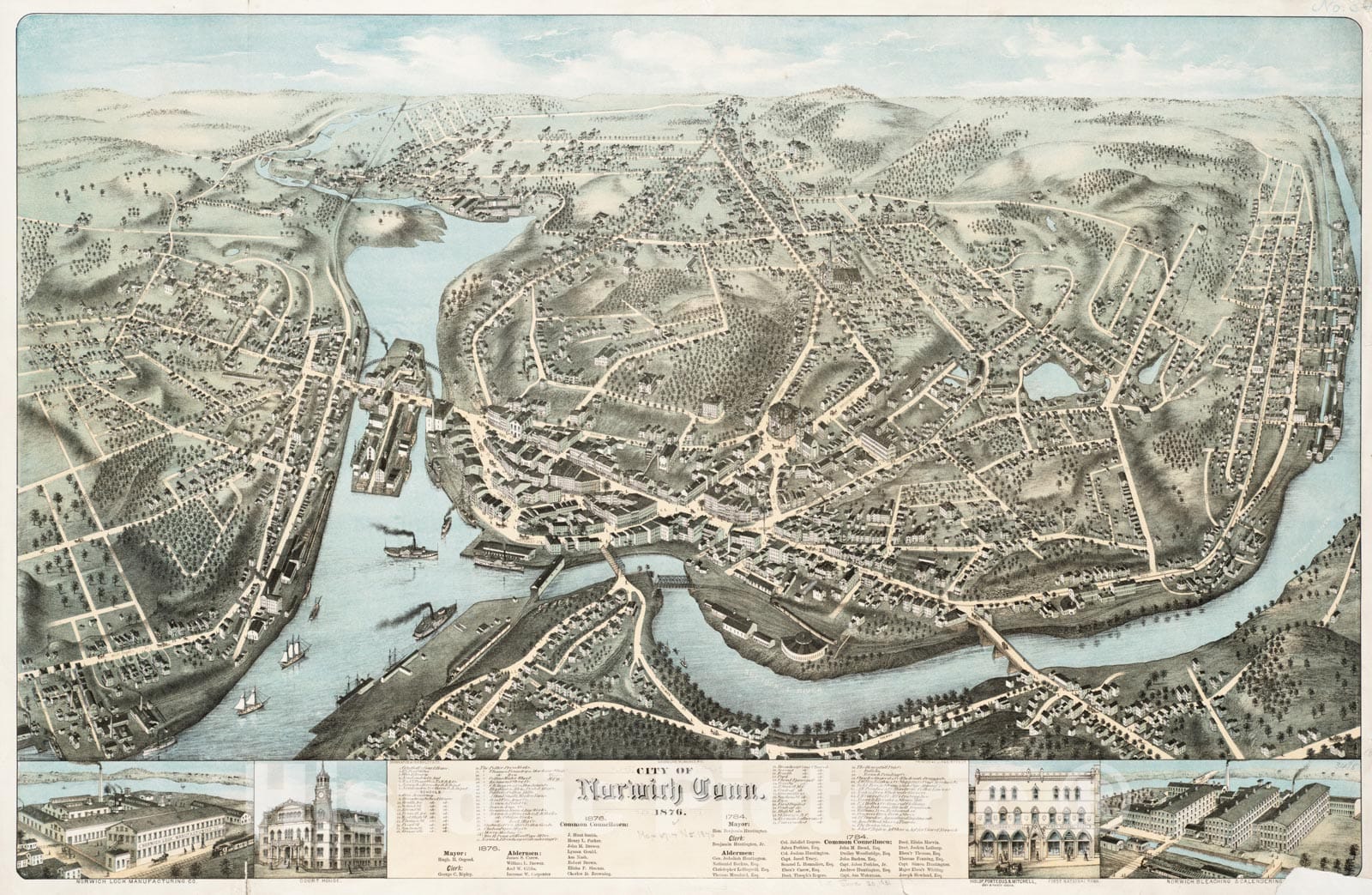 Historical Map, City of Norwich, Conn : 1876, Vintage Wall Art