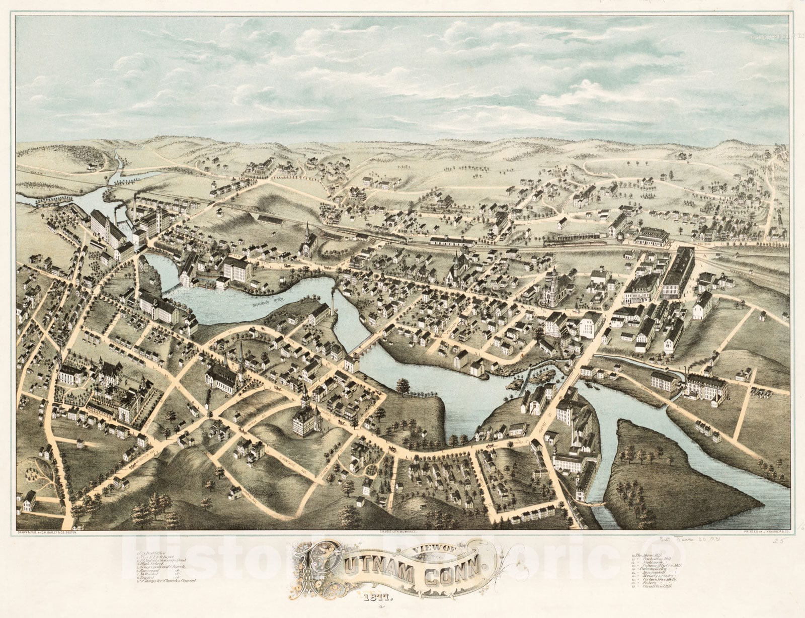 Historical Map, View of Putnam, Conn : 1877, Vintage Wall Art