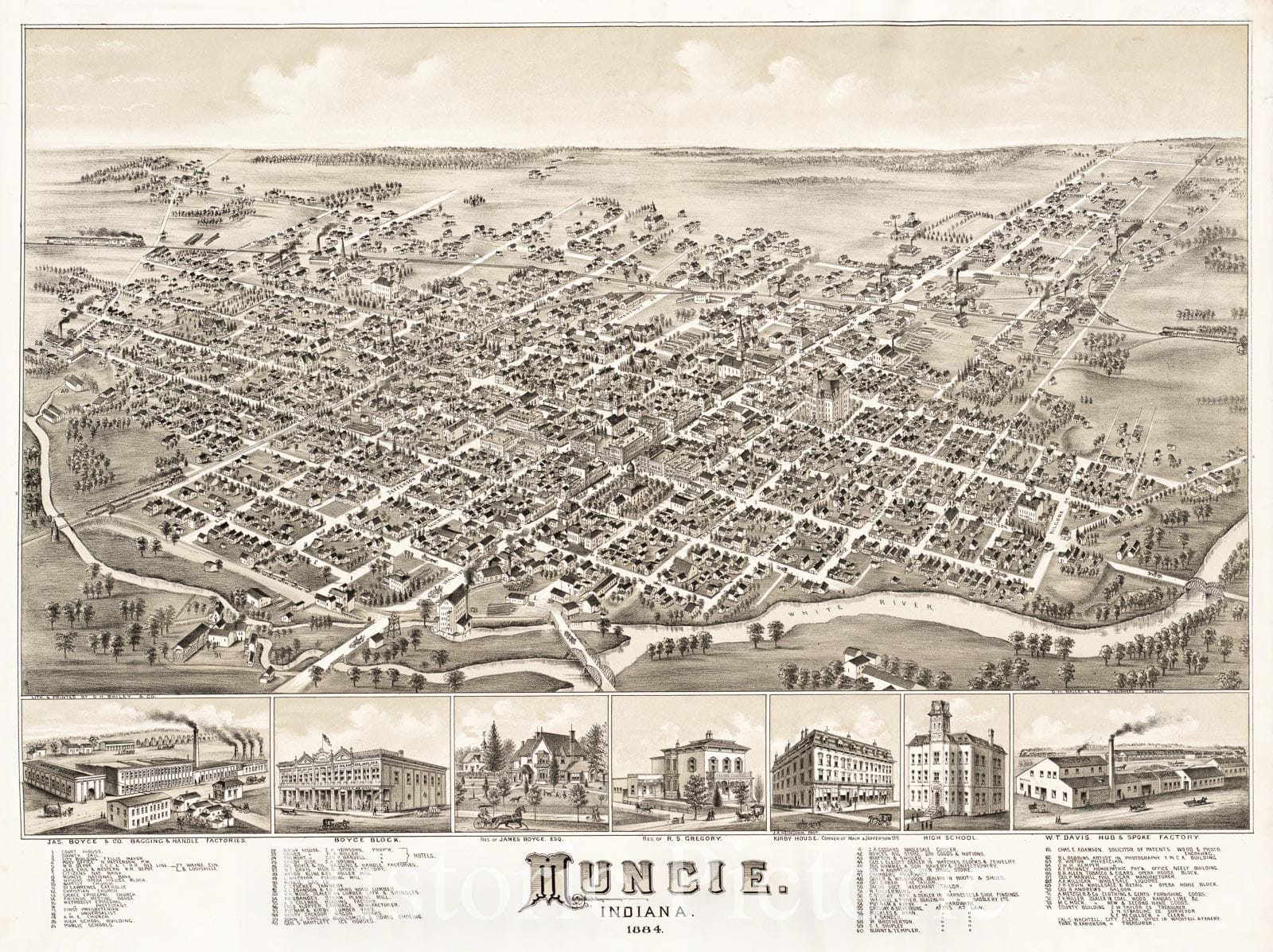 Historical Map, Muncie, Indiana : 1884, Vintage Wall Art