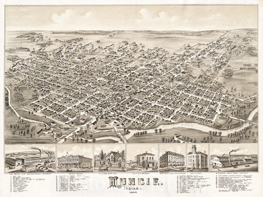 Historical Map, Muncie, Indiana : 1884, Vintage Wall Art