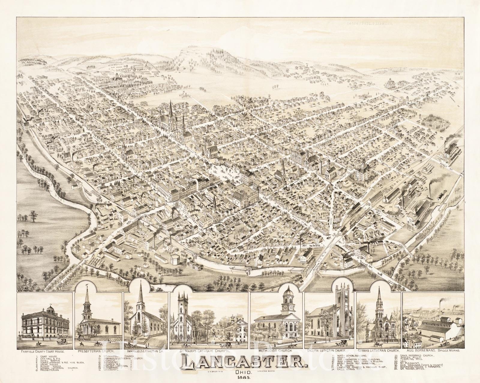 Historical Map, Lancaster, Ohio : 1885, Vintage Wall Art