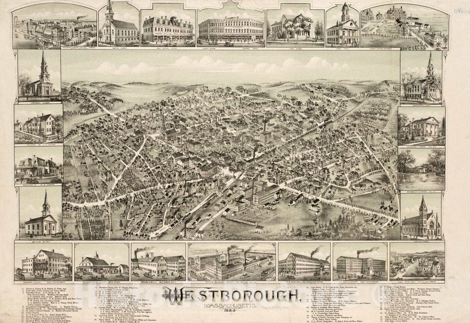 Historical Map, Westborough, Massachusetts, 1888, Vintage Wall Art