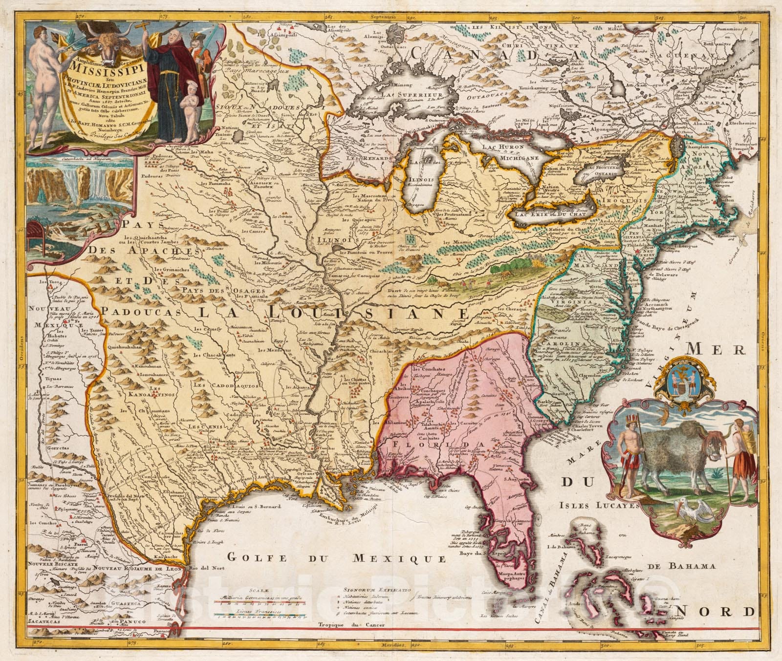 Historical Map, Amplissimae regionis Mississipi seu Provinciae Ludovicianae aIâ€š R.P. Ludovico Hennepin Francisc Miss in America Septentrionali Anno 1687, Vintage Wall Art