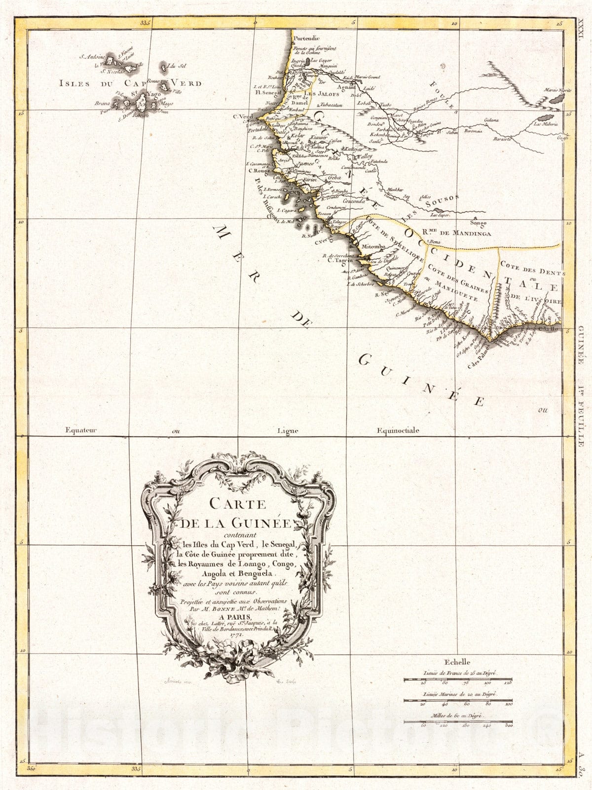 Historical Map, 1771 Carte de la Guinee : contenant les Isles du Cap Verd, le Senegal, la CoIâ€šte de Guinee proprement dite, les Royaumes de Loango, Congo, Vintage Wall Art