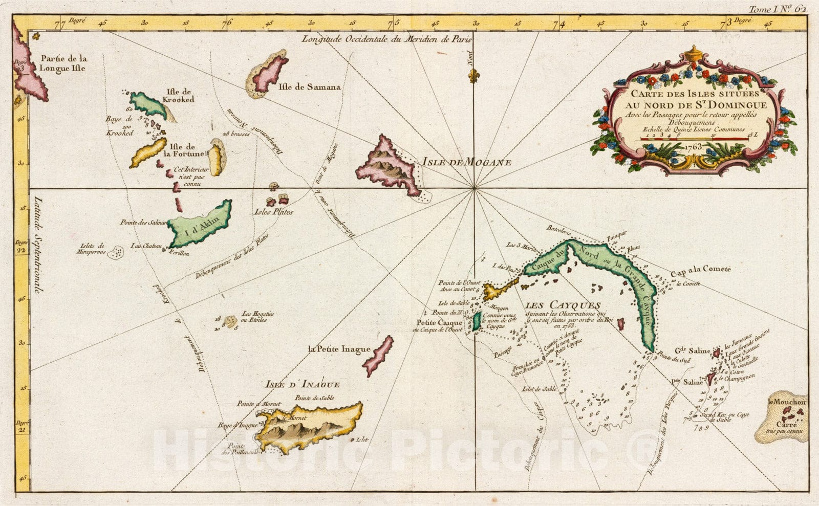 Historical Map, Carte des Isles situees au nord de St. Domingue : avec les passages Pour le Retour appelles Debouqemens 1763, Vintage Wall Art