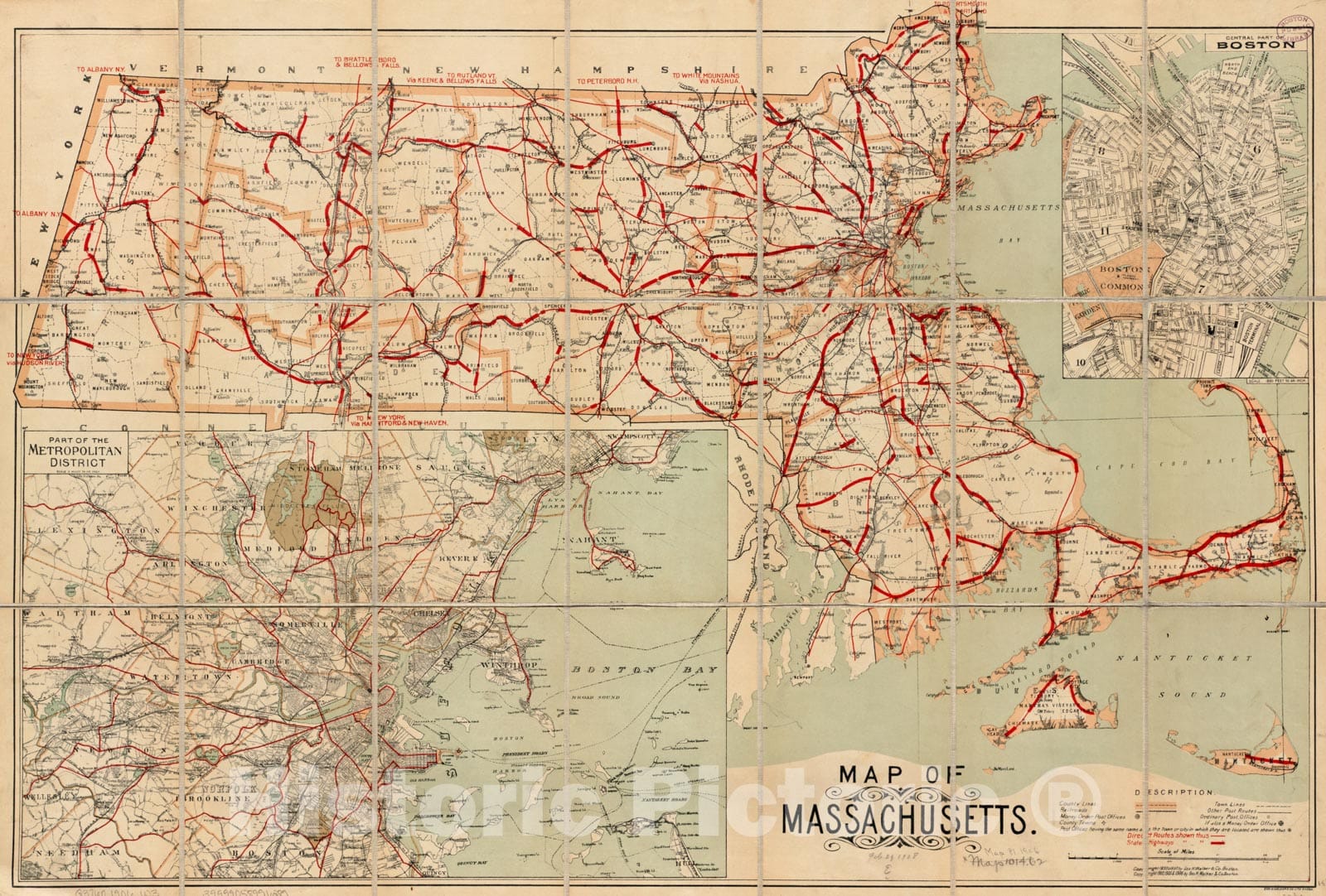 Historical Map, ca. 1906 Map of Massachusetts, Vintage Wall Art