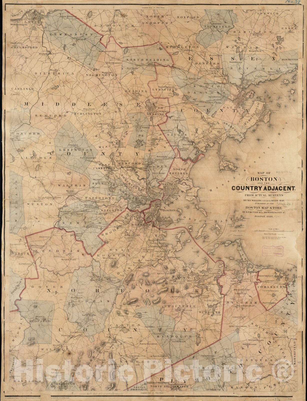 Historical Map, 1860 Map of Boston and The Country Adjacent from Actual surveys, Vintage Wall Art