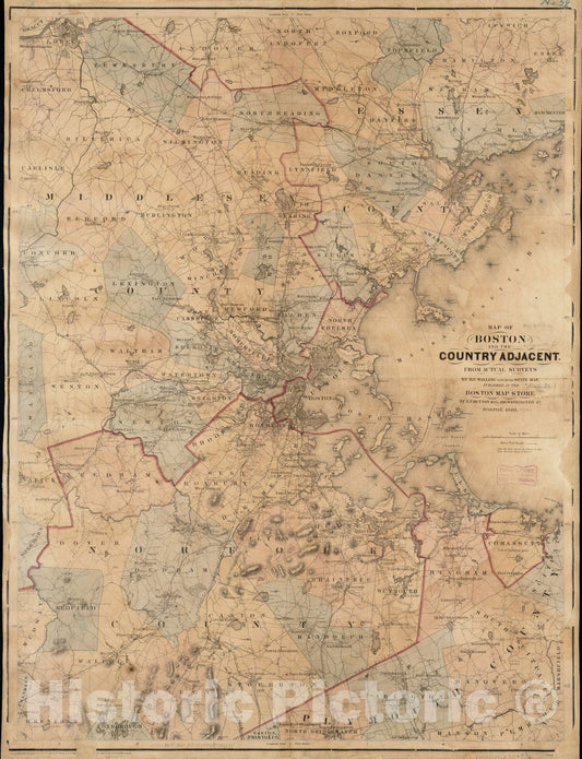 Historical Map, 1860 Map of Boston and The Country Adjacent from Actual surveys, Vintage Wall Art