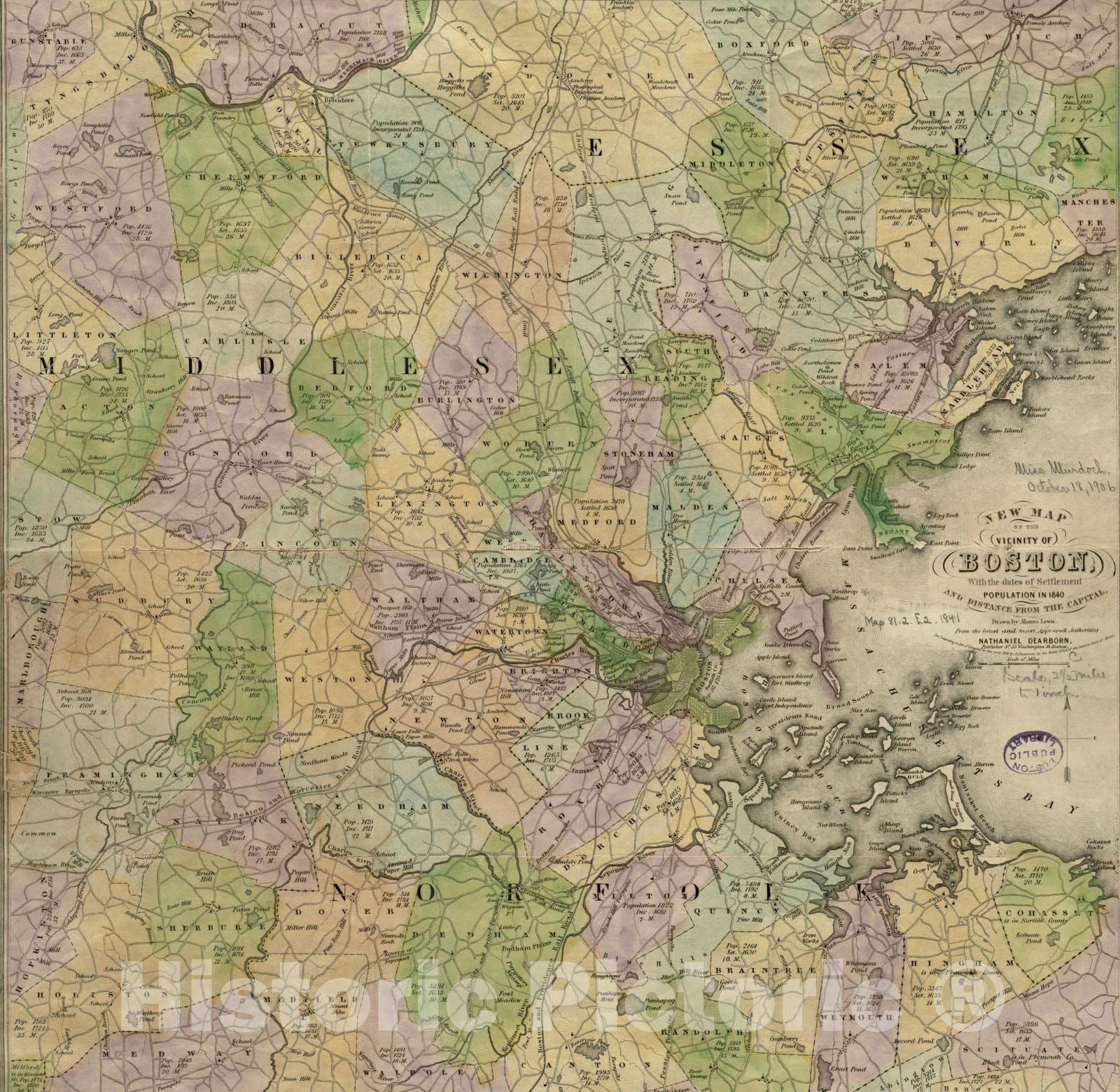 Historical Map, New map of The Vicinity of Boston, with The Dates of Settlement, Population in 1840, and Distance from The Capital, Vintage Wall Art