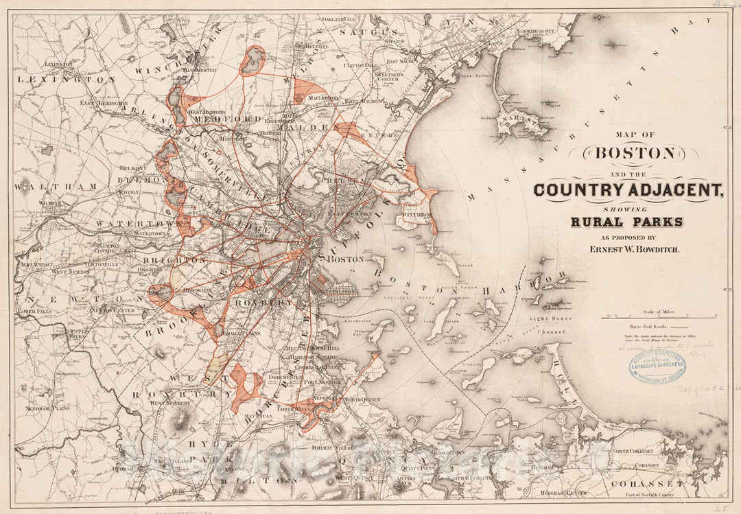 Historical Map, 1874 Map of Boston and The Country Adjacent, Showing Rural Parks, Vintage Wall Art