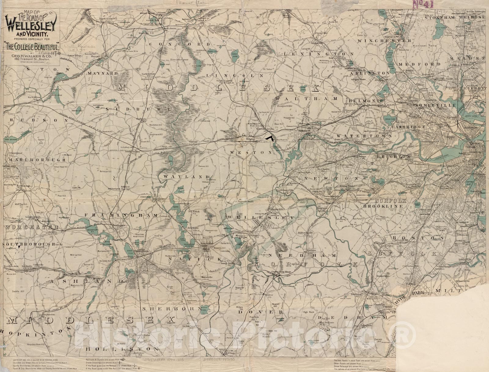 Historical Map, ca. 1894 Map of The Roads of Wellesley and Vicinity, Vintage Wall Art