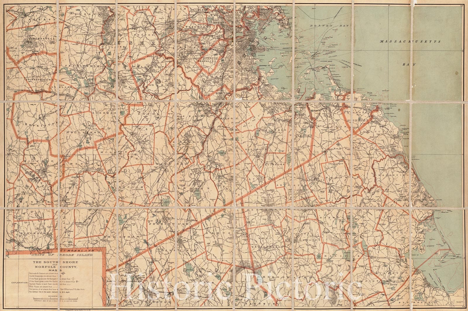 Historical Map, ca. 1893 The South Shore and Norfolk County, Mass, Vintage Wall Art