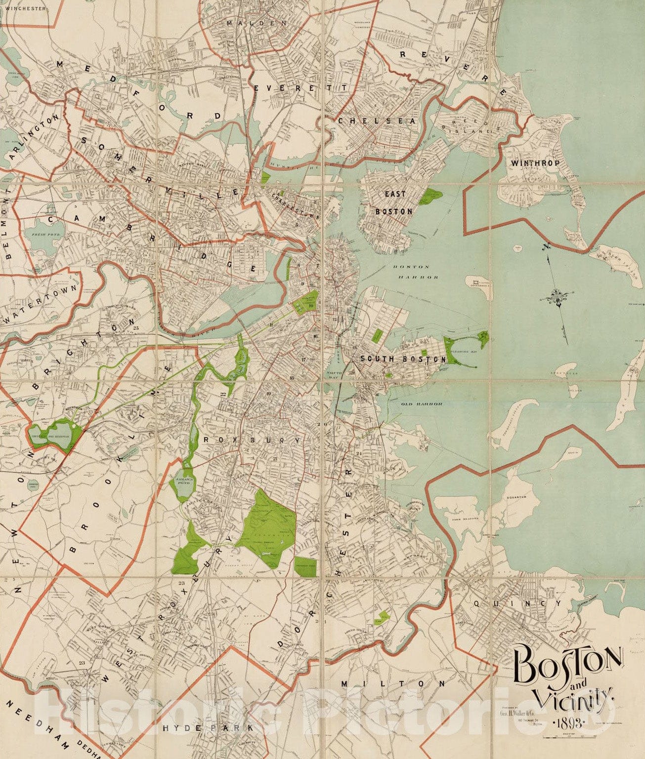 Historical Map, Boston and Vicinity : 1893, Vintage Wall Art