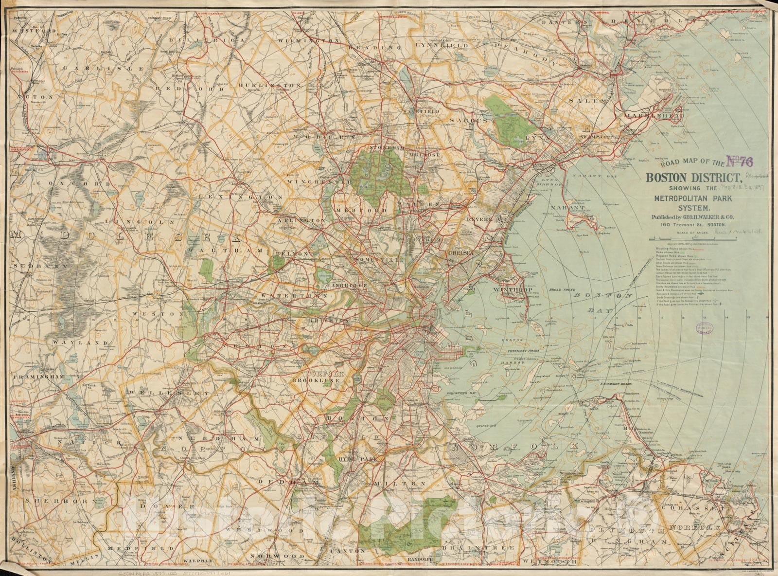Historical Map, ca. 1897 Road map of the Boston District, showing the metropolitan park system, Vintage Wall Art