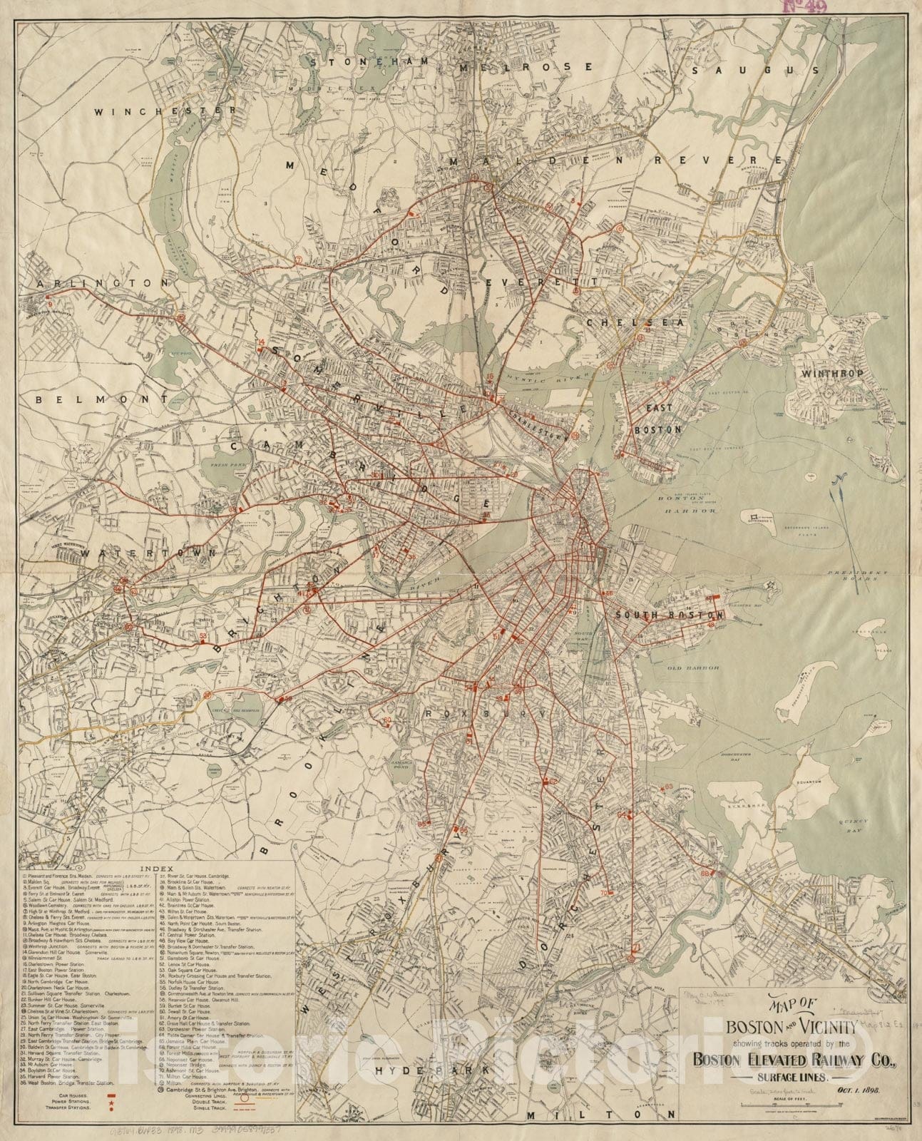 Historical Map, 1898 Map of Boston and Vicinity Showing Tracks Operated by The Boston Elevated Railway Co, Surface Lines, Vintage Wall Art