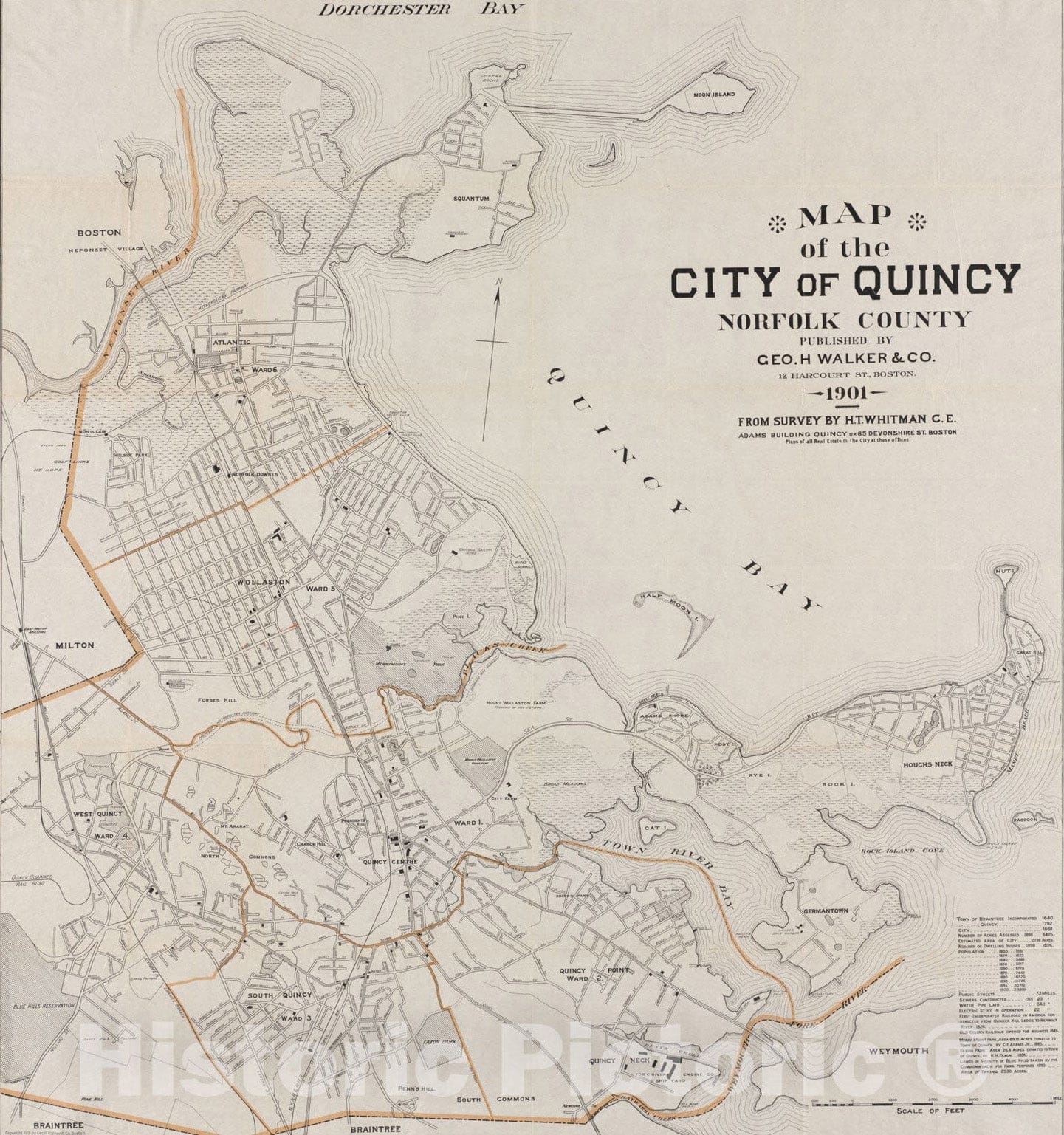 Historical Map, 1901 Map of The City of Quincy, Norfolk County, Vintage Wall Art