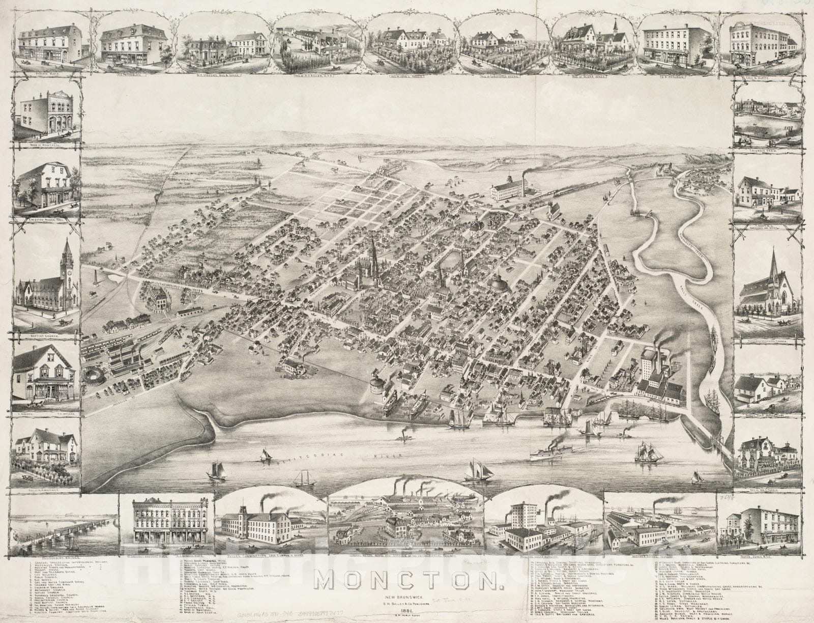 Historical Map, 1881 Moncton : New Brunswick, Vintage Wall Art