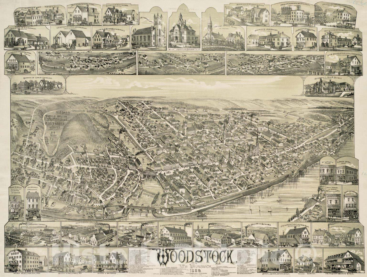 Historical Map, Woodstock, New Brunswick : 1889, Vintage Wall Art