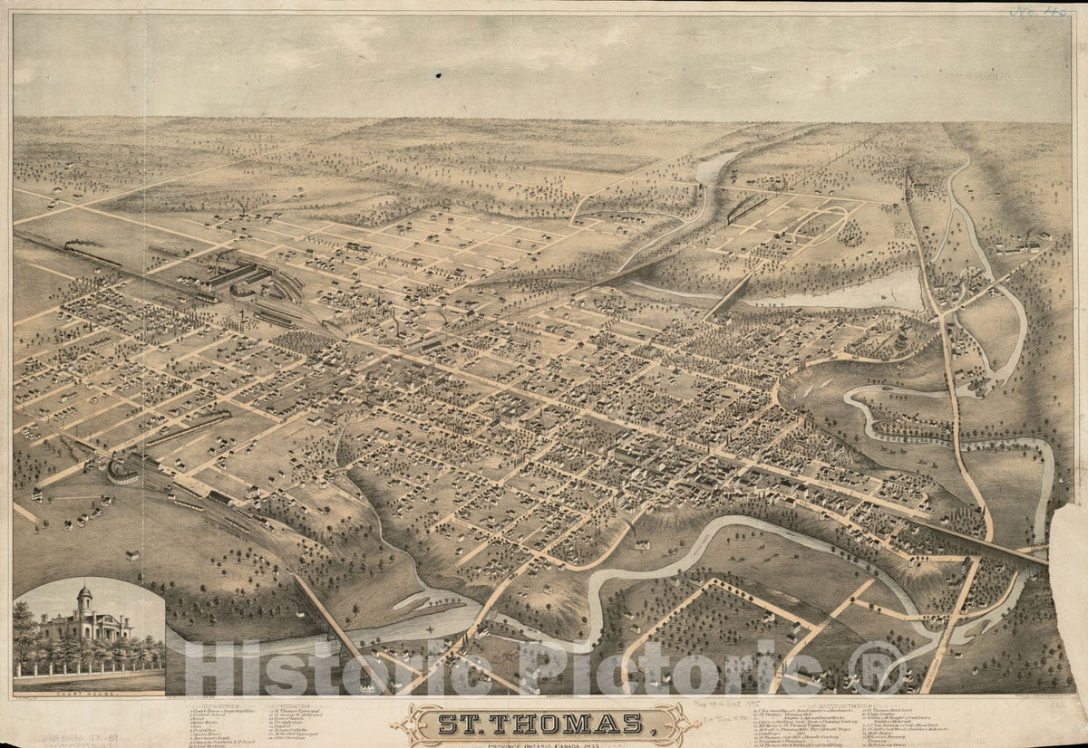 Historical Map, St. Thomas, Province, Ontario Canada, 1875, Vintage Wall Art