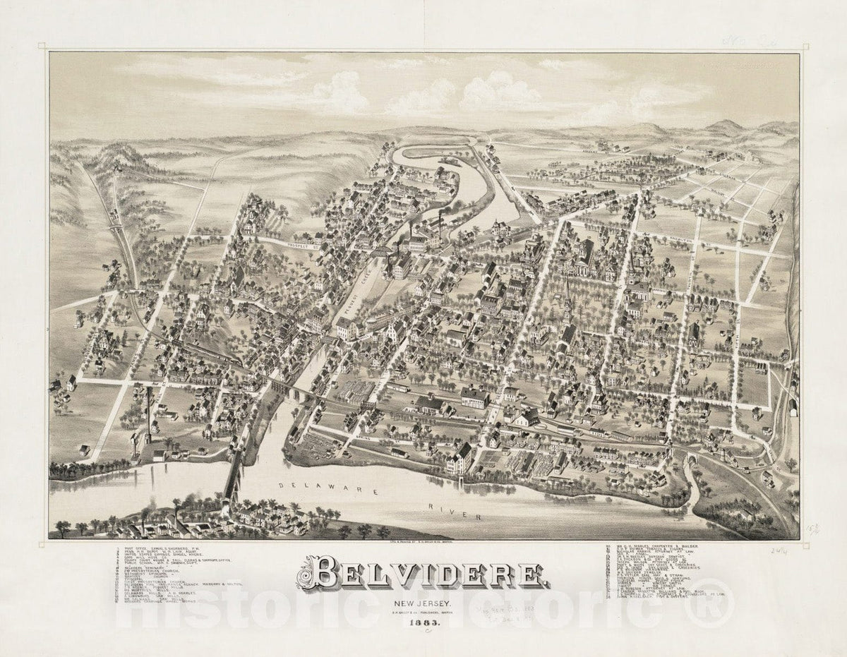 Historical Map, 1883 Belvidere : New Jersey, Vintage Wall Art