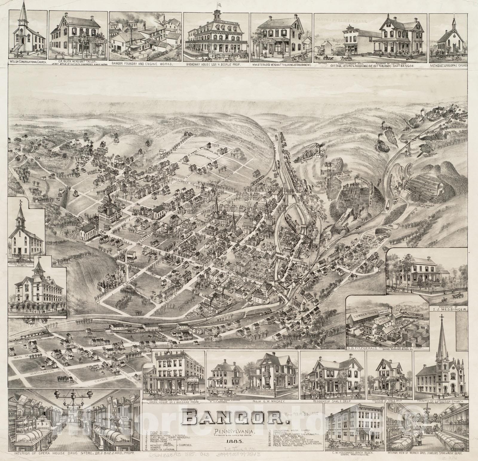 Historical Map, 1885 Bangor : Pennsylvania, Vintage Wall Art
