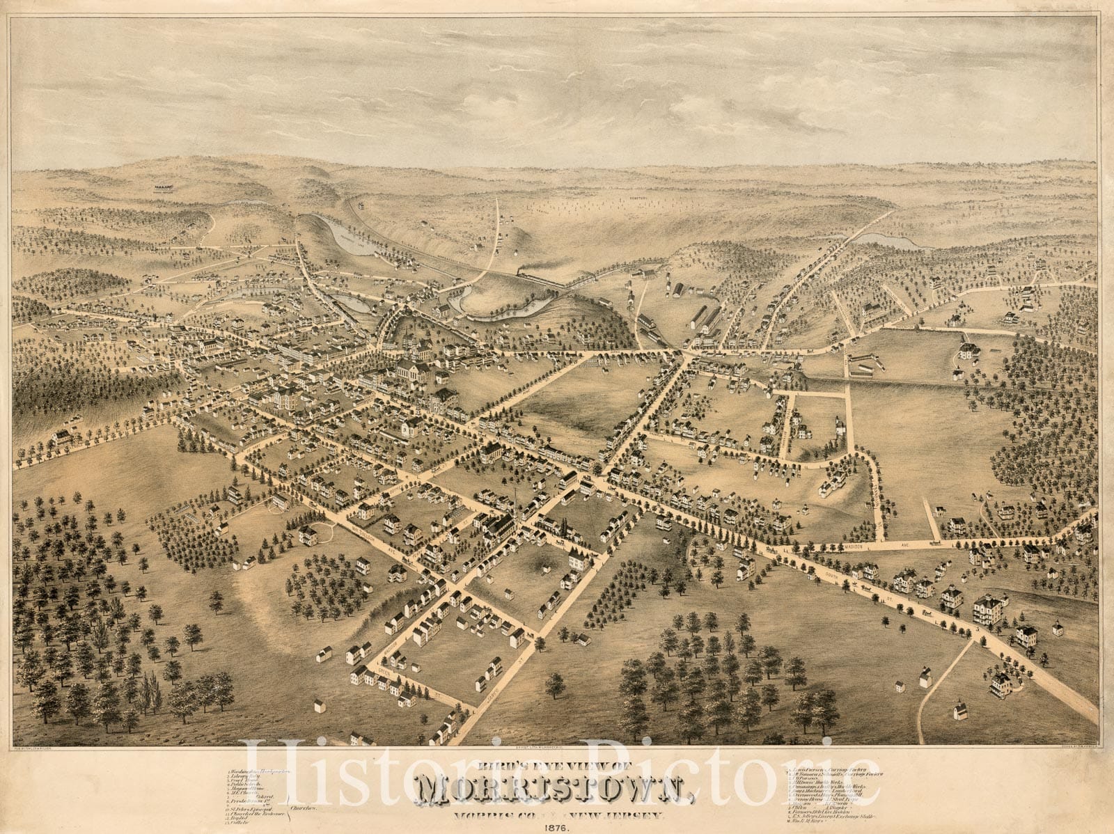 Historical Map, Bird's Eye View of Morristown, Morris Co, New Jersey : 1876, Vintage Wall Art