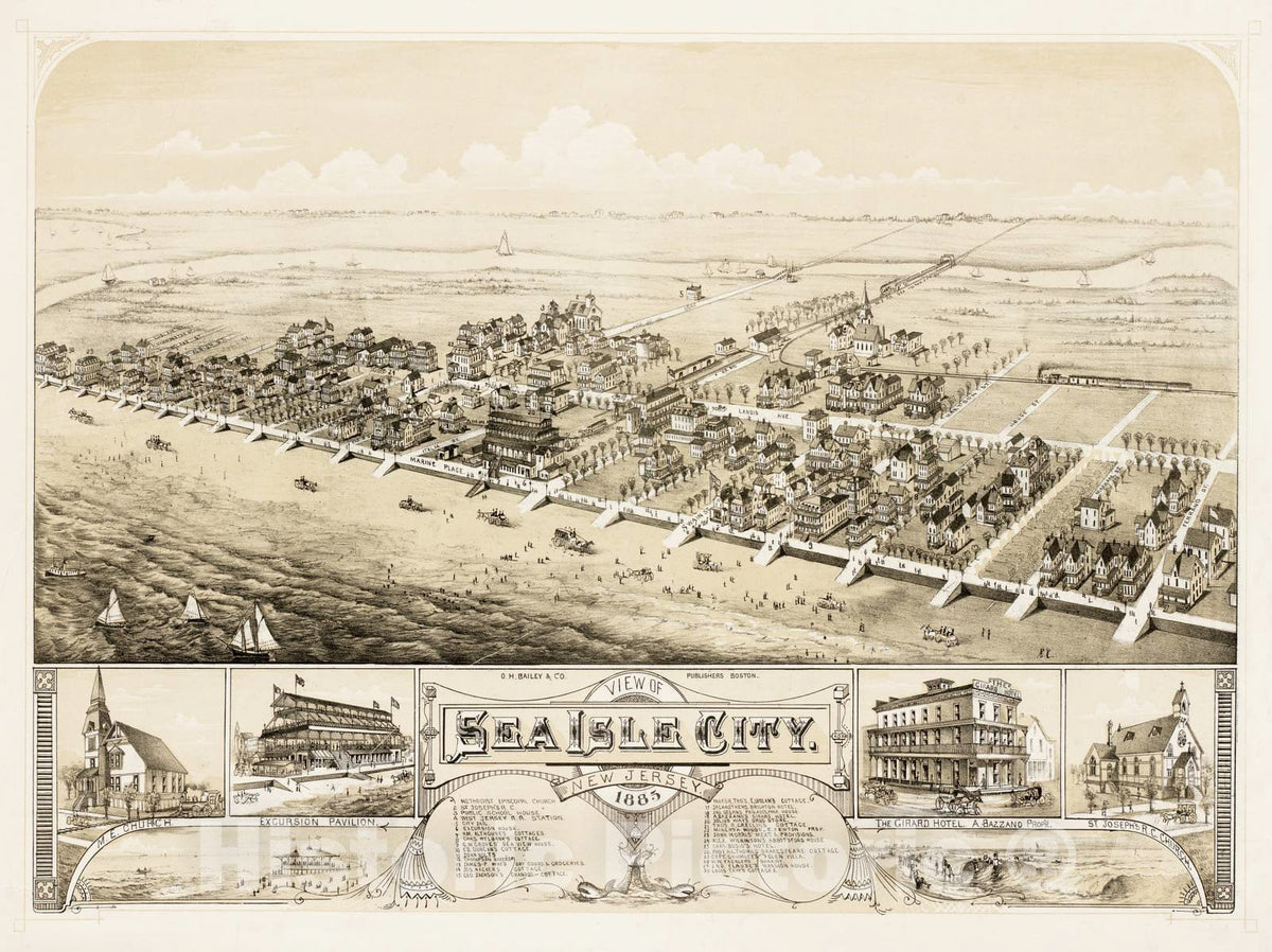 Historical Map, 1885 View of Sea Isle City : New Jersey, Vintage Wall Art
