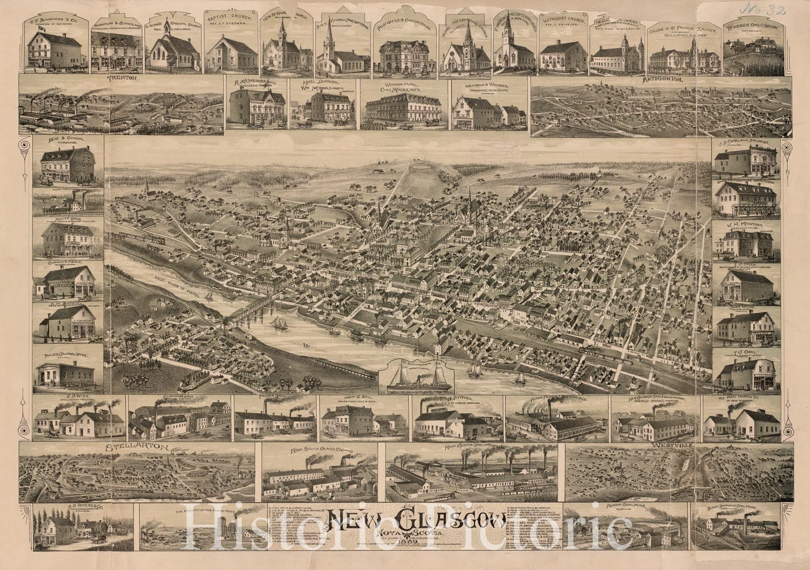 Historical Map, 1889 New Glasgow, Nova Scotia, Vintage Wall Art