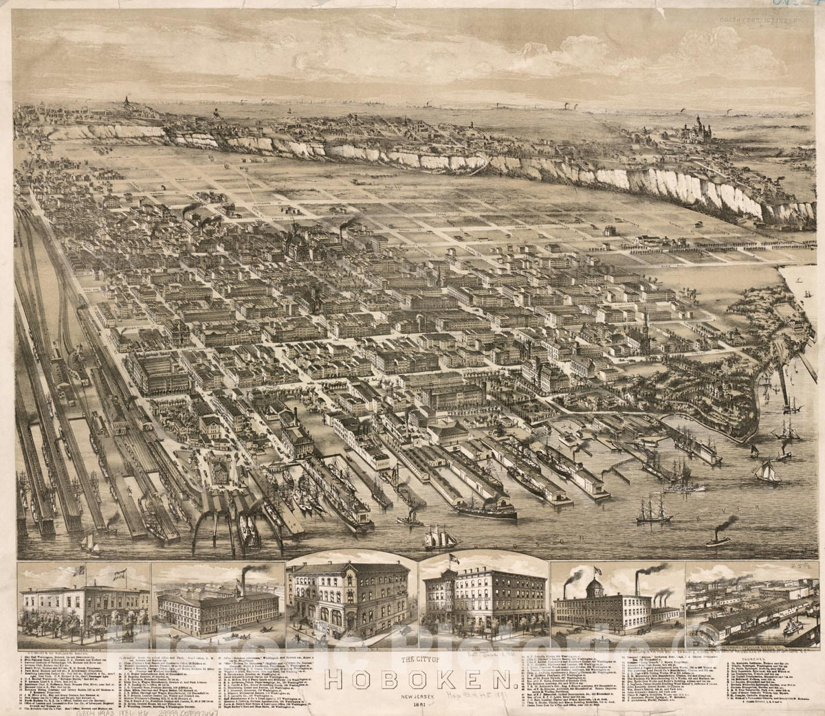 Historical Map, The City of Hoboken : New Jersey, 1881, Vintage Wall Art