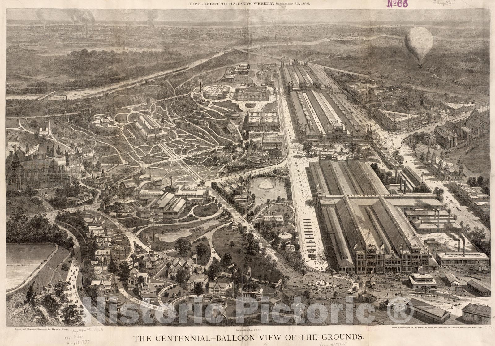 Historical Map, ca. 1876 The Centennial-Balloon View of The Grounds, Vintage Wall Art