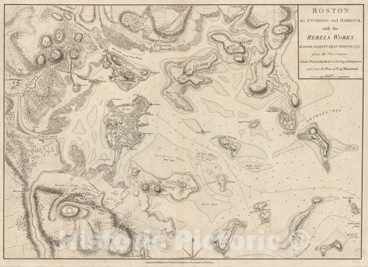 Historical Map, Boston, its Environs and Harbour, with The Rebel Works Raised Against That Town in 1775 : from The observations of Lieut. Page of his majesty's Corps, Vintage Wall Art