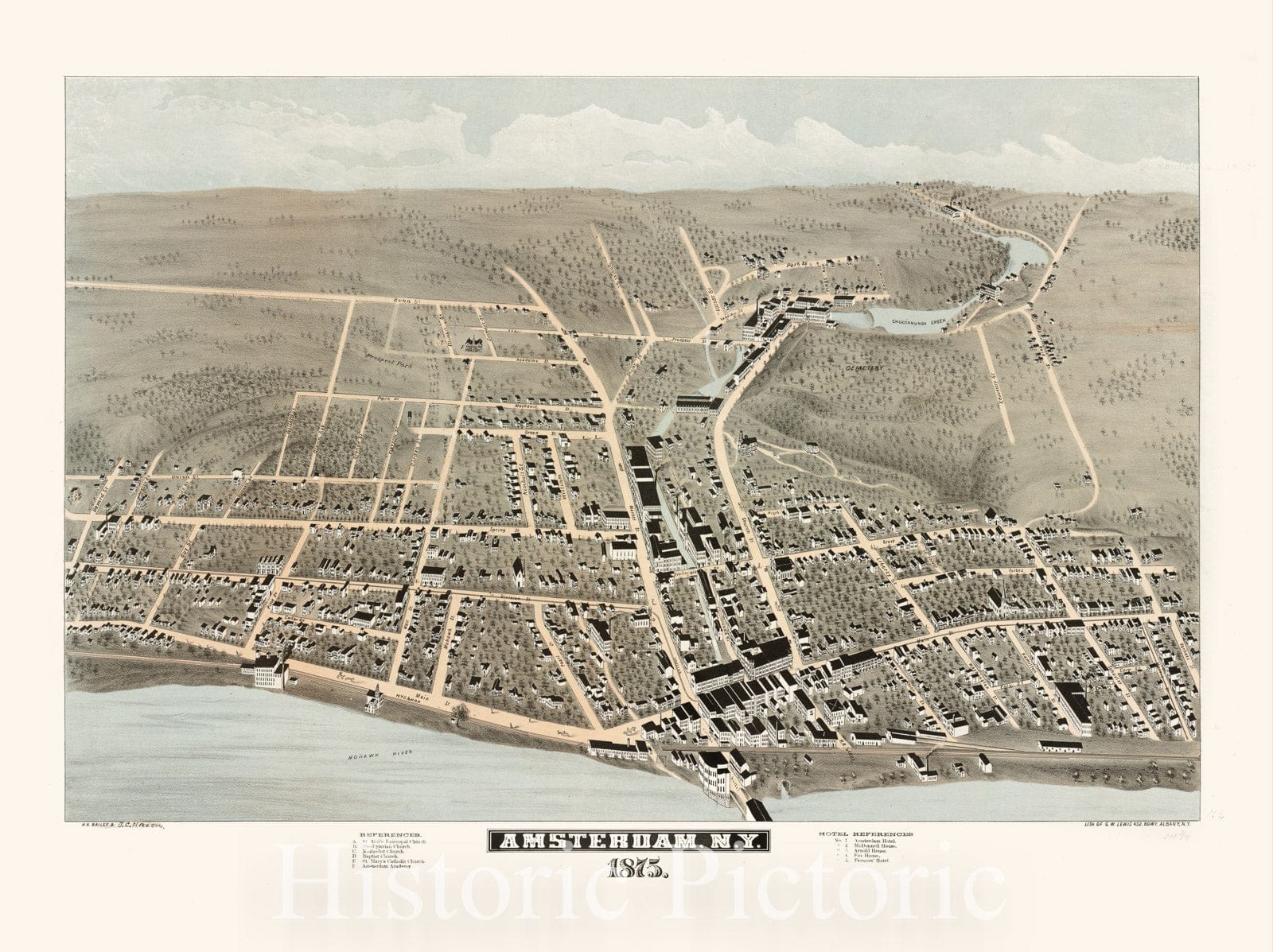 Historical Map, Amsterdam, N.Y : 1875, Vintage Wall Art