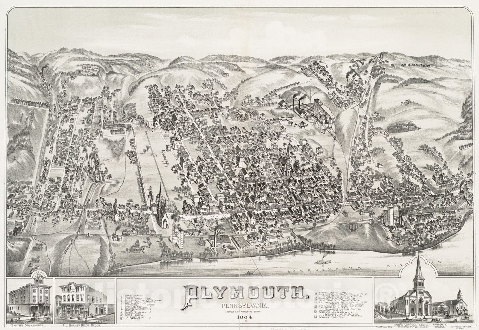 Historical Map, 1884 Plymouth : Pennsylvania, Vintage Wall Art