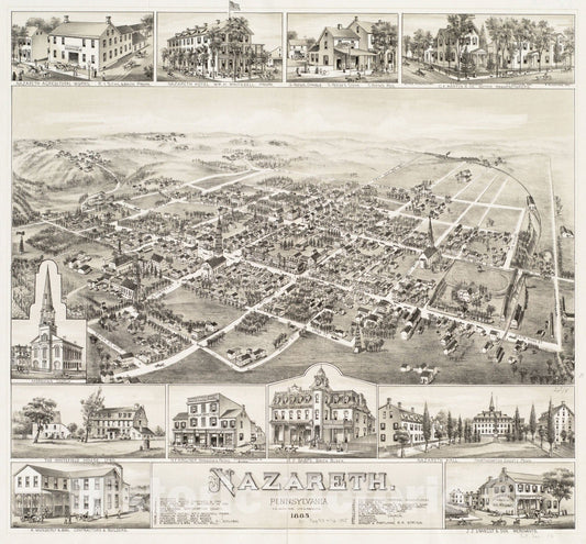 Historical Map, 1885 Nazareth : Pennsylvania, Vintage Wall Art