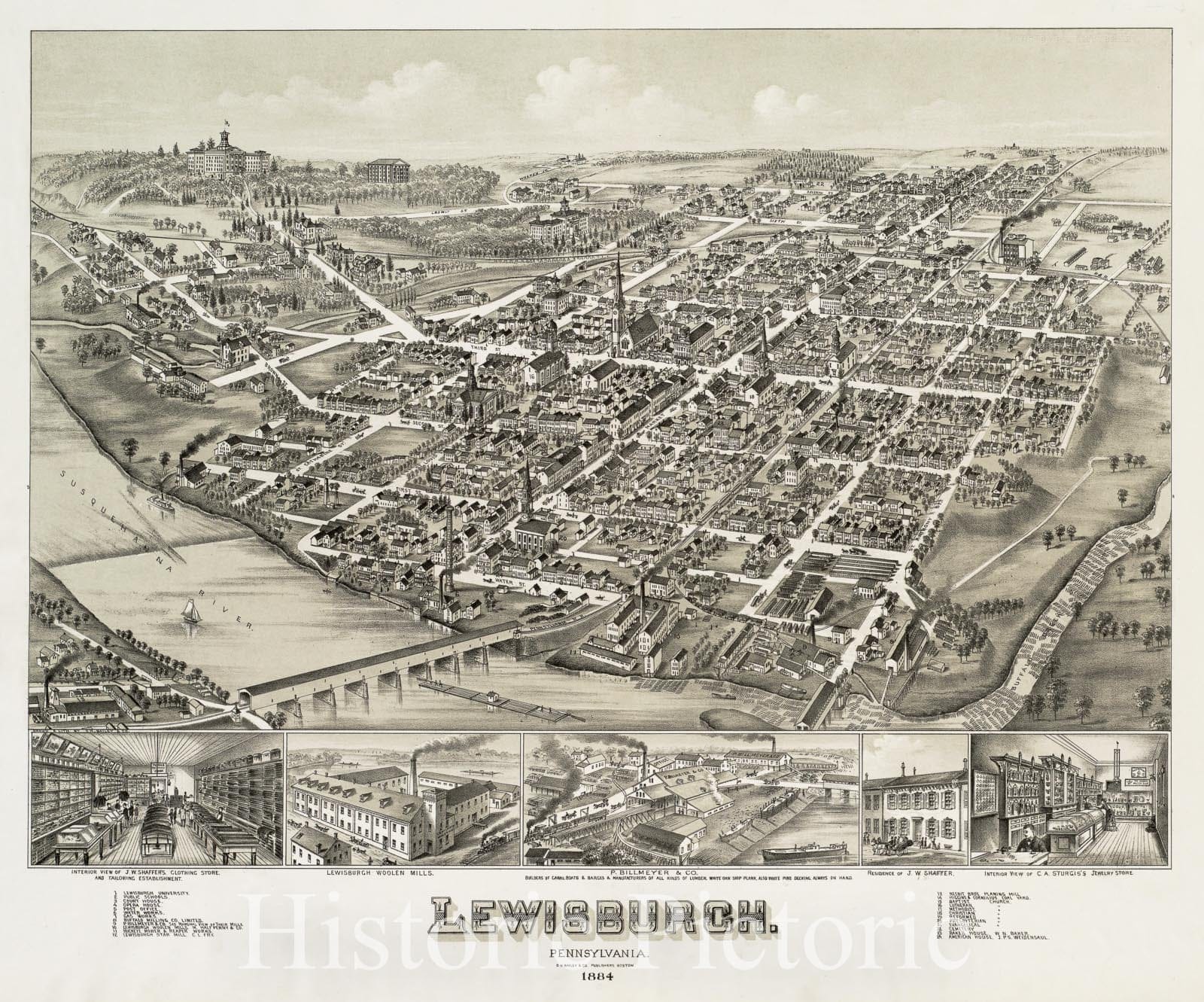 Historical Map, 1884 Lewisburgh : Pennsylvania, Vintage Wall Art