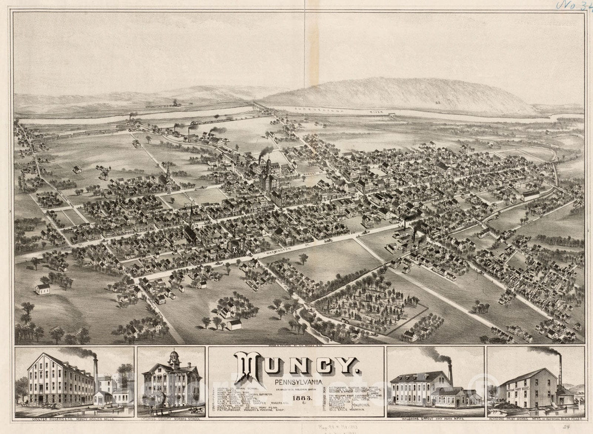 Historical Map, 1883 Muncy : Pennsylvania, Vintage Wall Art