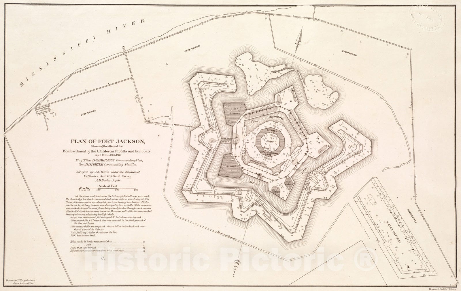Historical Map, Plan of Fort Jackson, Showing The Effect of The Bombardment by The U.S. Mortar Flotilla and gunboats, April 18th to 24th 1862 : Flag Officer D.G. Farr, Vintage Wall Art