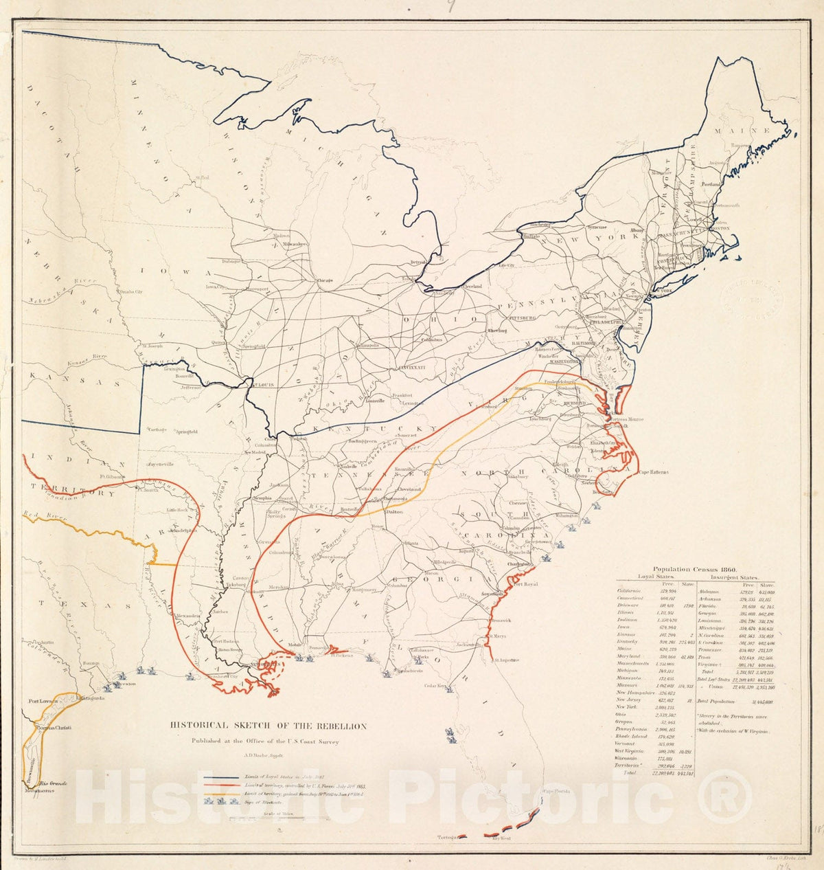 Historical Map, 1864 Historical Sketch of The Rebellion, Vintage Wall Art