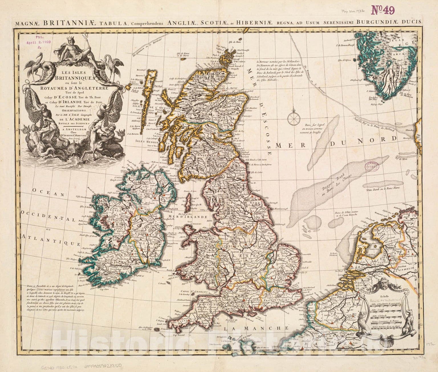 Historical Map, 1730 Les Isles Britanniques ou sont le royaumes d'Angleterre, Vintage Wall Art