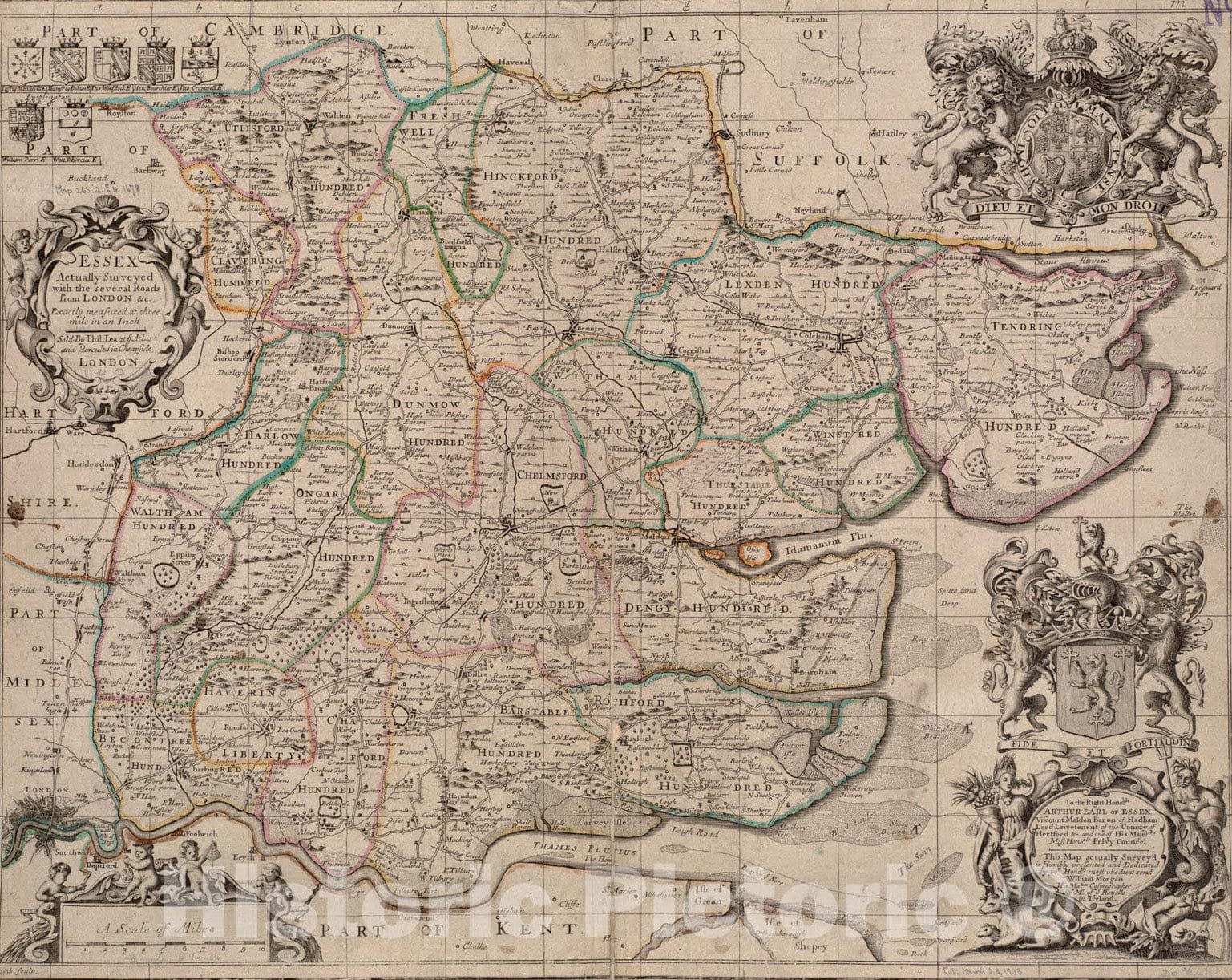 Historical Map, 1678 Essex Actually surveyed with The Several Roads from London et Cetera, Vintage Wall Art