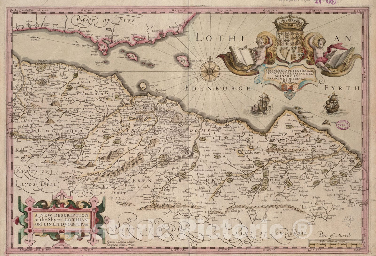 Historical Map, 1610 A New Description of The shyres Lothian and Linlitquo, Vintage Wall Art