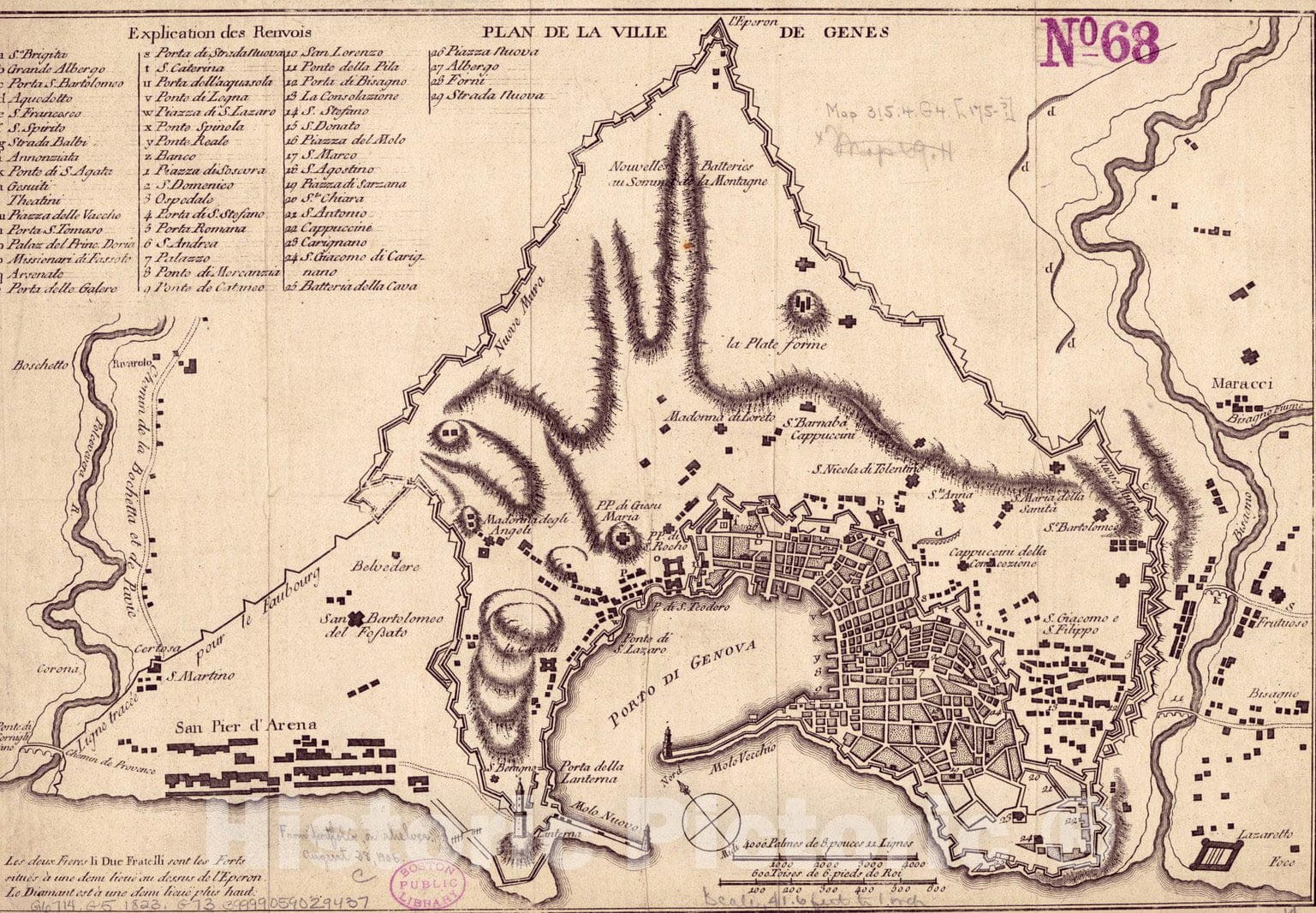 Historical Map, 1823 Plan de la Ville de Genes, Vintage Wall Art