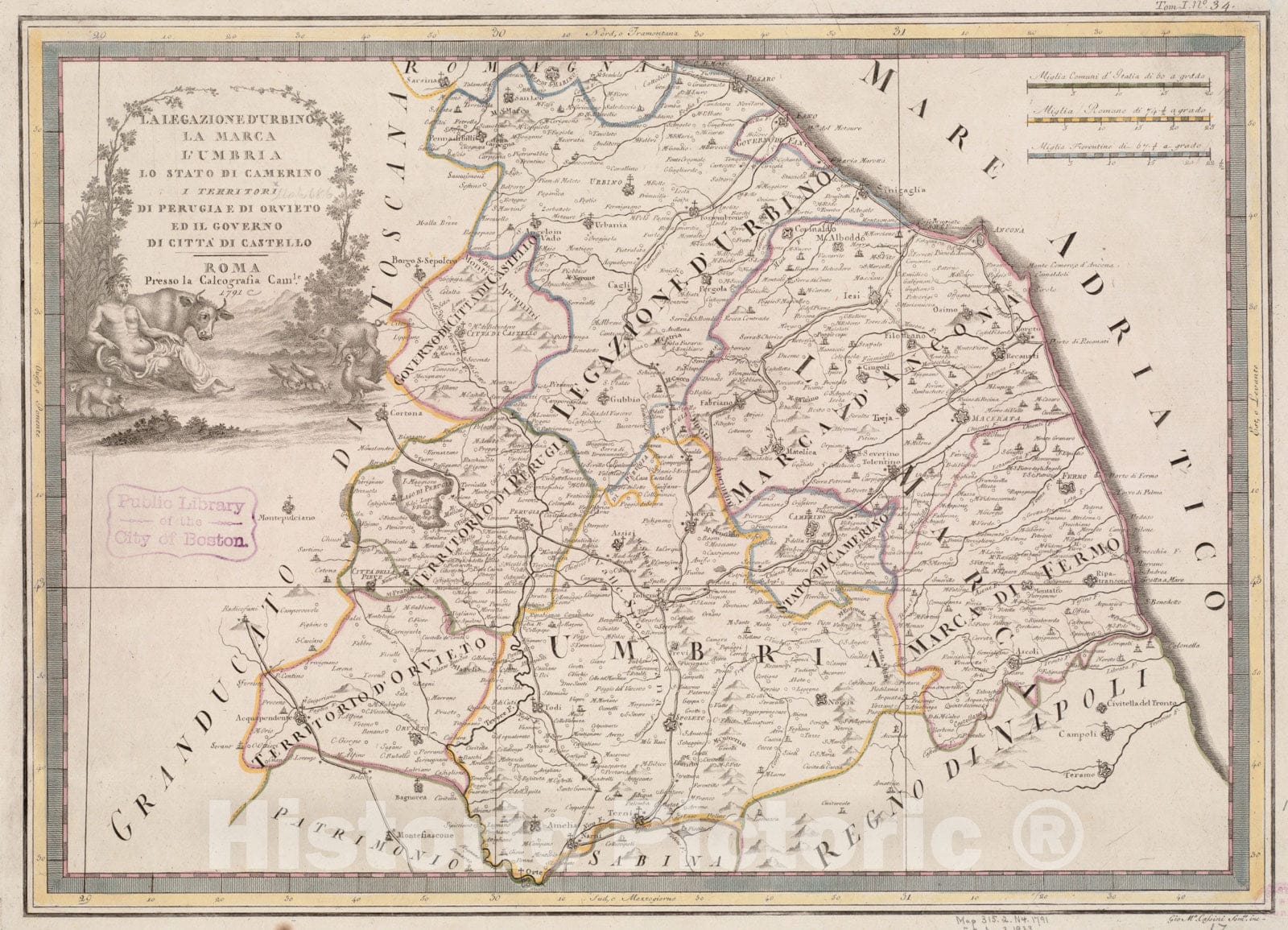 Historical Map, 1792 La Legazione D'Urbino la Marca l'Umbria lo Stato di Camerino i Territori di Perugia di Orvieto ed il Governo di Citta di Castello, Vintage Wall Art