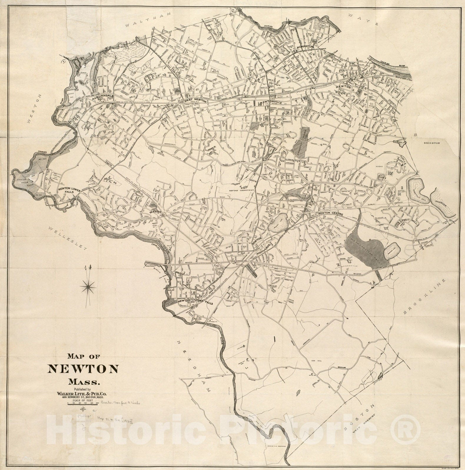 Historical Map, 1920 Map of Newton Mass, Vintage Wall Art