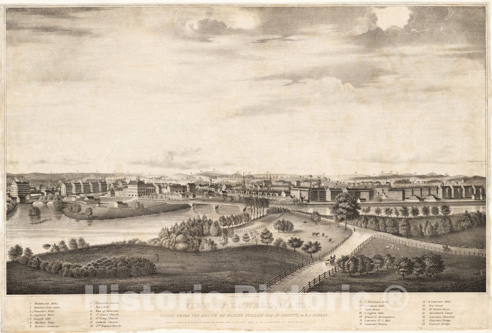 Historical Map, 1834 View of Lowell, Mass : Taken from The House of Elisha Fuller Esq. in Dracut, Vintage Wall Art