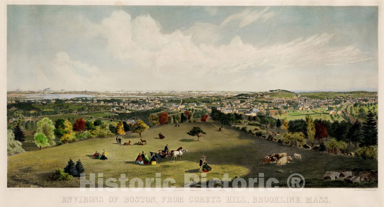 Historical Map, 1864 Environs of Boston, from Corey's Hill, Brookline, Mass, Vintage Wall Art