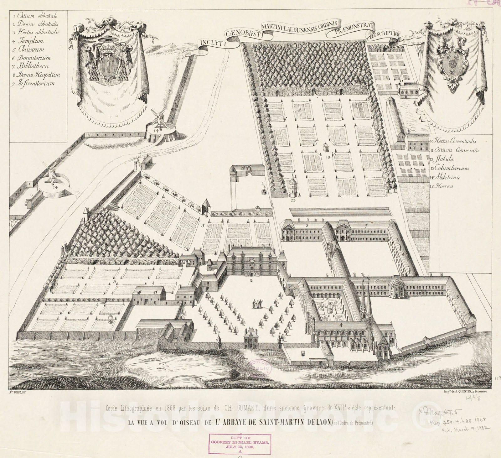 Historical Map, 1868 La vue a vol d'oiseau de l'Abbaye de Saint-Martin de Laon (de l'Ordre de Premontre), Vintage Wall Art