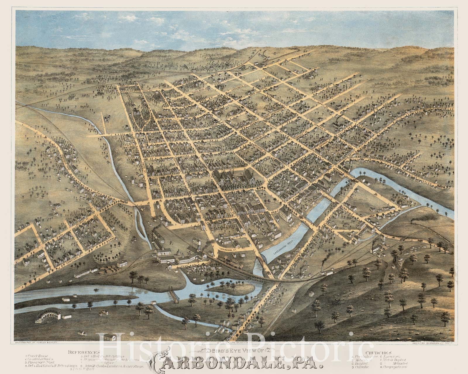 Historical Map, 1870-1879 Bird's Eye View of Carbondale, Pa, Vintage Wall Art